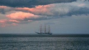 skepp, hav, horisont, moln, krusningar