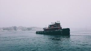 ship, sea, cloudy, fog