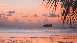 ship, sea, sunset, shore