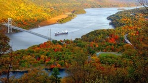 ship, bridge, trees, autumn - wallpapers, picture