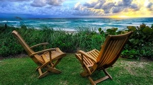 armchairs, shore, sea, sunset