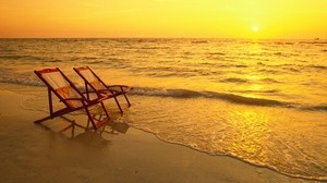 armchairs, sunset, shore, sea, waves, murmur - wallpapers, picture
