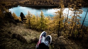 scarpe da ginnastica, lago, autunno