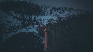 lava, volcán, acantilado, niebla, nieve, invierno