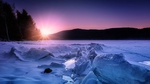 流氷、雪、日没、地平線