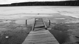ice, bridge, boards, rift, cold, pier, lake, black and white