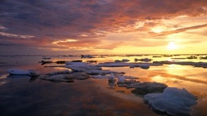 ice, layers, surface, water, sunset, clouds - wallpapers, picture