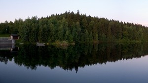 forest, shore, lake, reflection, triangle, the house