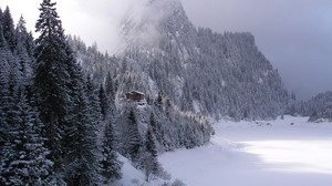 forest, mountains, fog, haze, ate, snow, the house - wallpapers, picture