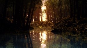 forest, river, mystery, fog, trees - wallpapers, picture