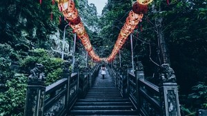 stairs, chinese lanterns, rise, trees