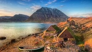 boat, shore, houses, buildings, structures, mountains, the lake, cleanliness