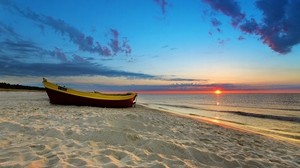 boat, shore, sand, evening, sunset