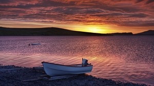 boat, coast, romance, mountains, sunset, ripples, boat - wallpapers, picture