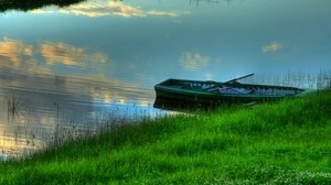 boat, shore, grass, greens, summer, pier, lake, stains