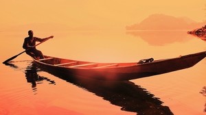 barca, uomo, tramonto, mare