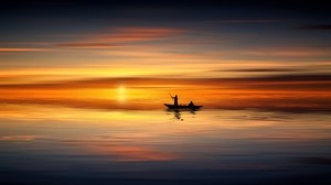 barco, horizonte, siluetas, puesta de sol, mar