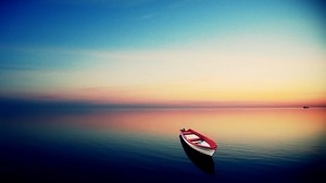 ボート、海、水面、孤独、夕方、日没、地平線