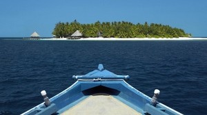 boat, island, ocean, palm trees