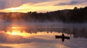 boat, lake, man, fog, mountains, morning