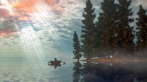 boat, lake, trees, fog, art