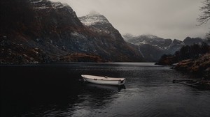 boat, lake, mountains, fog - wallpapers, picture