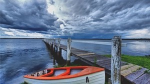 boat, pier, shore, body of water, cloudy, evening