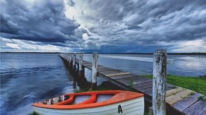 barco, muelle, orilla, cuerpo de agua, nublado, tarde