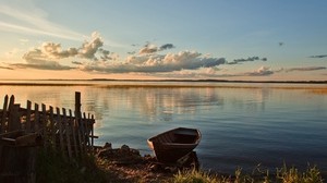 boat, pier, fence, lake, evening