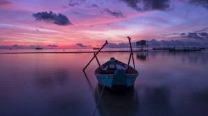 boat, dawn, horizon, vietnam
