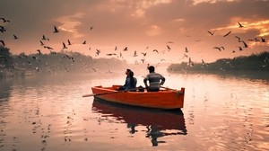 boat, river, birds, walk, sky, clouds, seagulls - wallpapers, picture