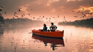 boat, river, birds, walk, sky, clouds, seagulls