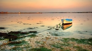 boat, tina, rope, shore, mud