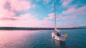 barco, puesta de sol, horizonte, rosa, california