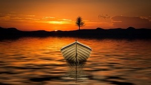boat, sunset, horizon, lake, tree