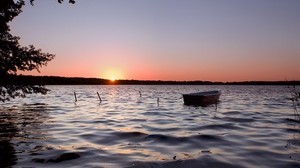 barca, tramonto, solitario, lago