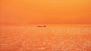 boat, sunset, sunlight, red, lake, ripples