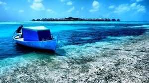 boat, bay, coast, blue water, rope