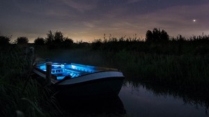 boat, starry sky, night, lake
