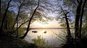 boats, shore, lake, sunset, romance, calm, evening