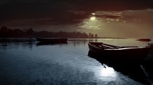 boats, the moon, night, clouds, light, lake