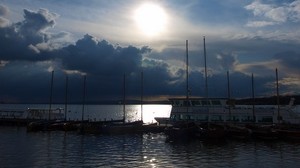 boats, sea, dawn, sky, clouds, sunrise
