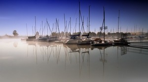 boats, marina, fog, water surface, sailboats, morning