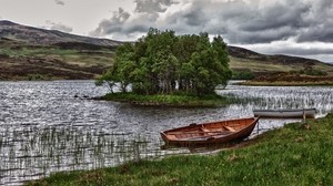 boats, river, trees, grass, clouds