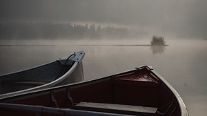 boats, fog, river, evening