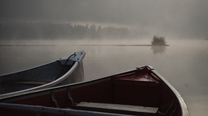 båtar, dimma, flod, kväll