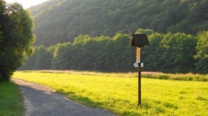 meadow, grass, road, sign, trees - wallpapers, picture