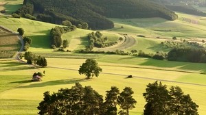 meadows, hills, view from above, landscape, greens