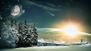 moon, ate, birds, forest, sun, light, winter, snow, fiction, stars, descent - wallpapers, picture