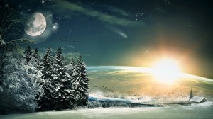 luna, mangiato, uccelli, bosco, sole, luce, inverno, neve, finzione, stelle, discesa - wallpapers, picture